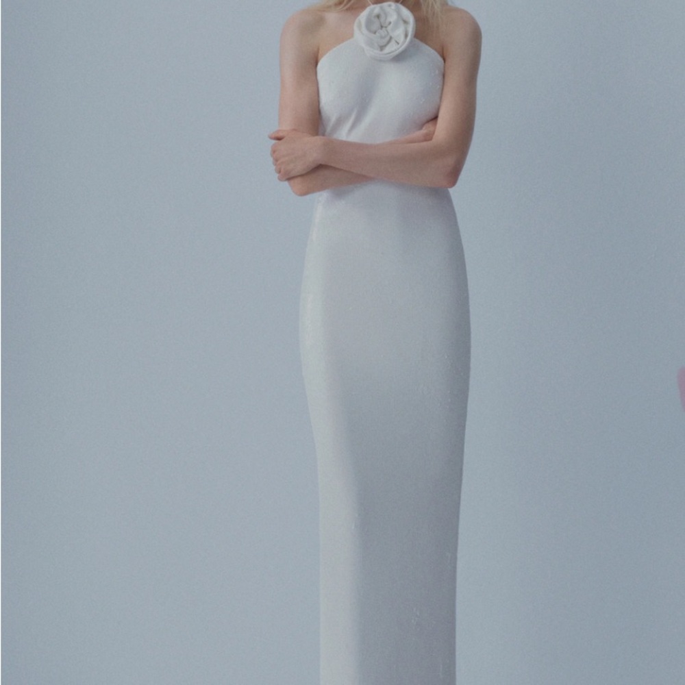 Mango Strapless White Dress with Floral Accent